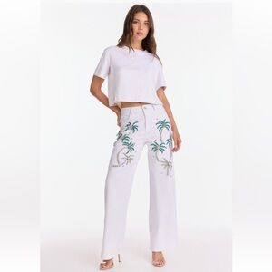 The Noli Shop Crystal Palm Jewel High Rise Wide Leg White Jeans US Size 25